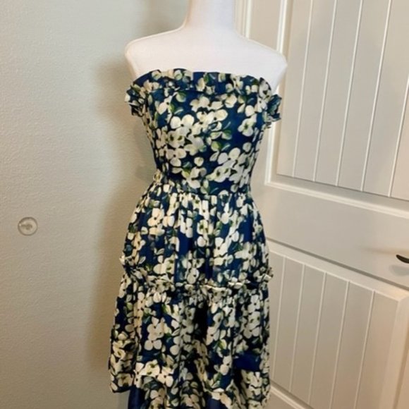 Classique Boho Style Strapless Magnolia Print Dress w/ruffles - M - Picture 1 of 6